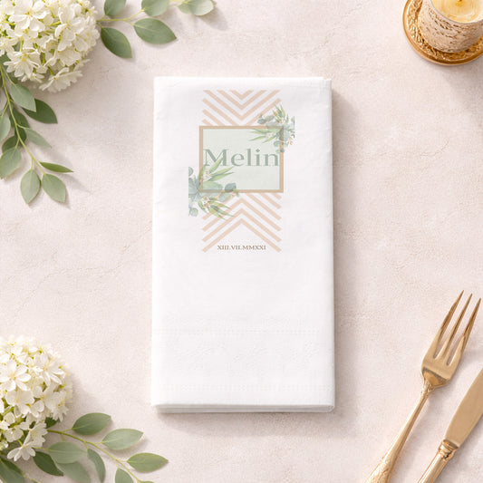 Melin İsme Özel Yeşil Yaprak ve Geometrik Desenli Modern Baskılı Peçete