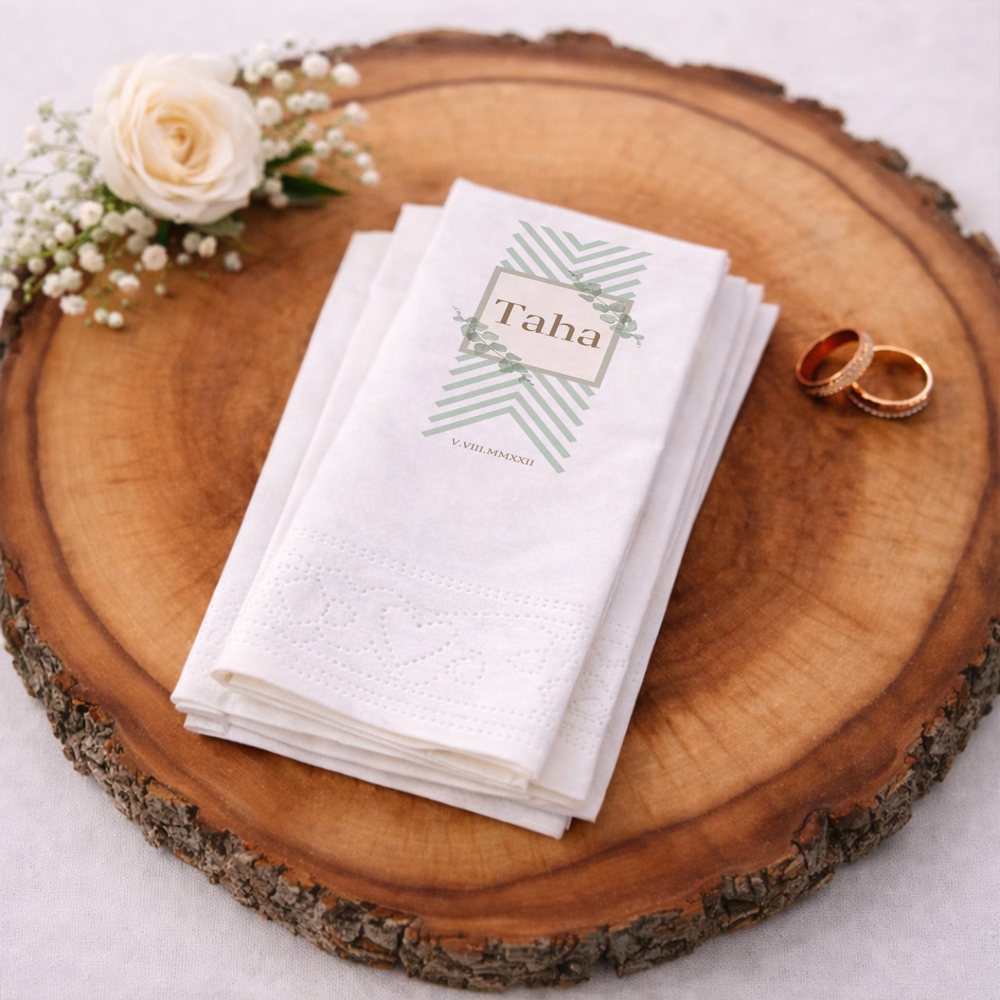 Taha İsme Özel Okaliptüs Desenli Minimalist Tasarım Baskılı Organizasyon Peçetesi