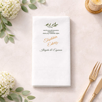 İlayda & Egemen Zeytin Dalı Desenli Siyah Zeminli Lüks Baskılı Peçete