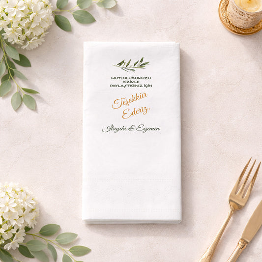 İlayda & Egemen Zeytin Dalı Desenli Siyah Zeminli Lüks Baskılı Peçete