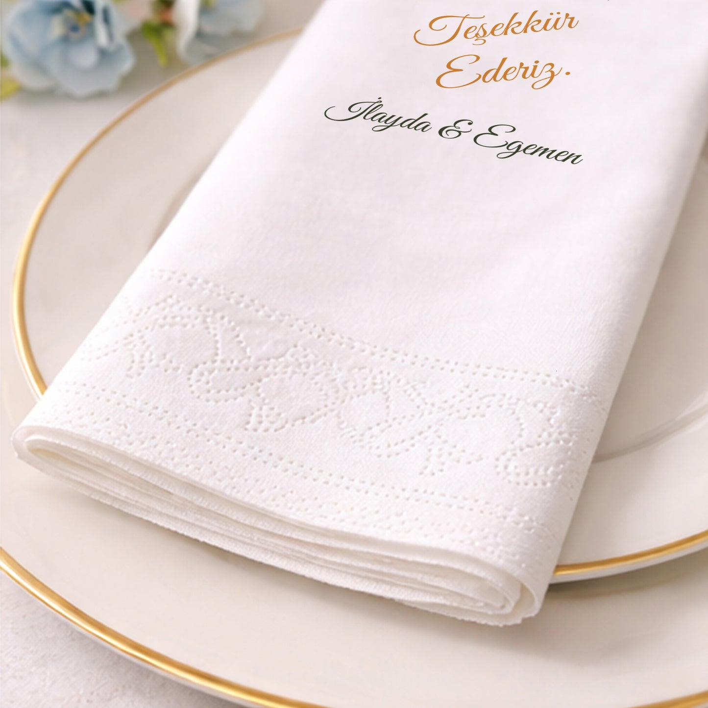 İlayda & Egemen Zeytin Dalı Desenli Siyah Zeminli Lüks Baskılı Peçete