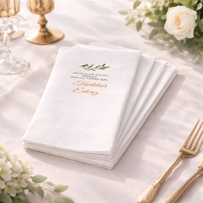 Siyah Zeminli Zeytin Dalı Desenli Kişiye Özel Teşekkür Baskılı Peçete