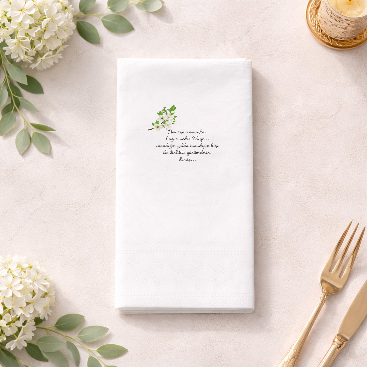 Anlamlı Söz Yazılı Bahar Çiçeği Temalı Siyah Baskılı Özel Peçete