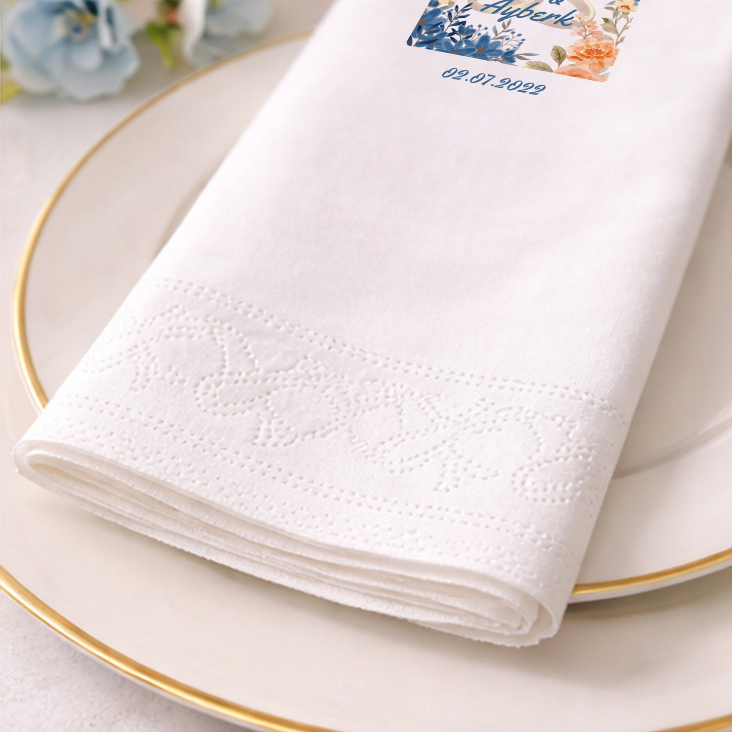 Ece & Ayberk İsimli Çiçek Desenli Alyans Baskılı Nişan Peçetesi