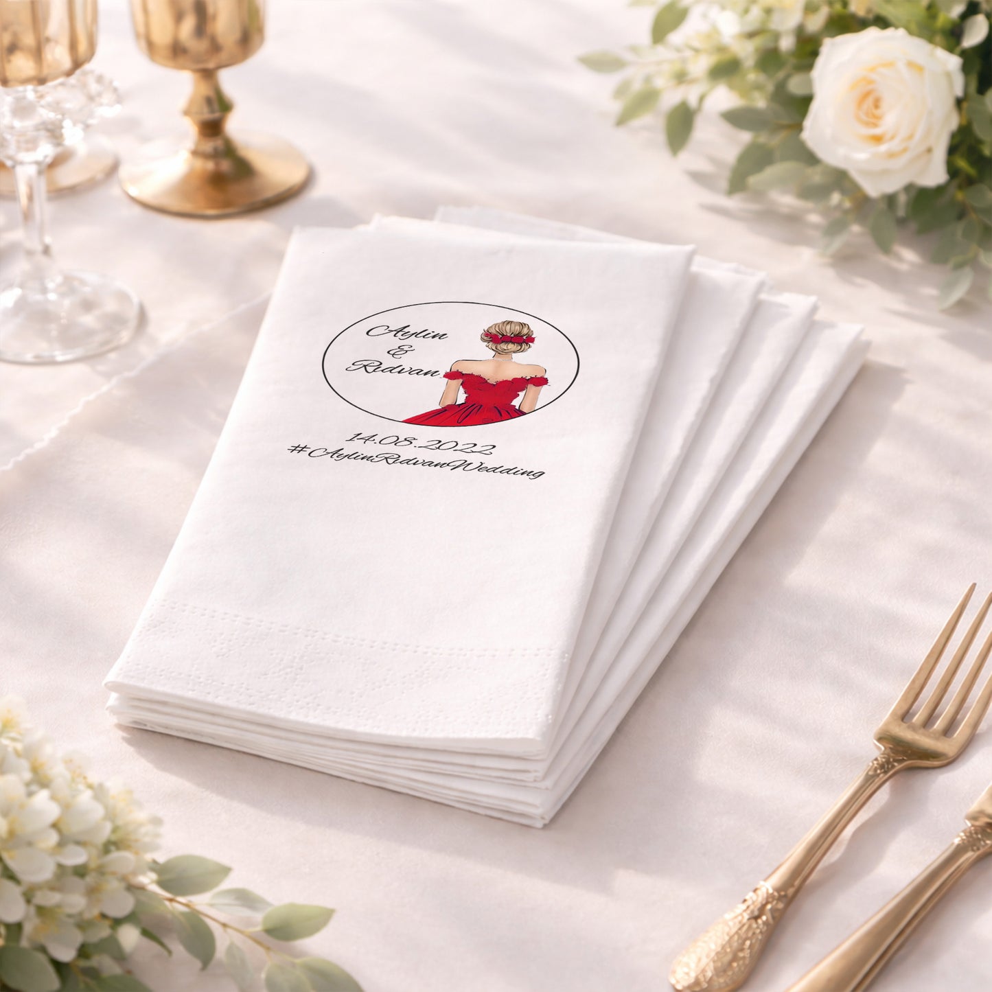 Aylin & Rıdvan Wedding Kırmızı Elbiseli Şık Düğün Peçetesi