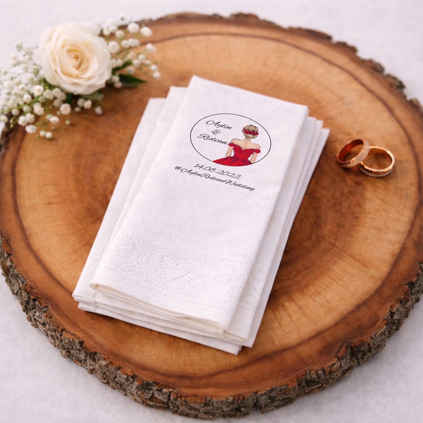 Aylin & Rıdvan Wedding Kırmızı Elbiseli Şık Düğün Peçetesi