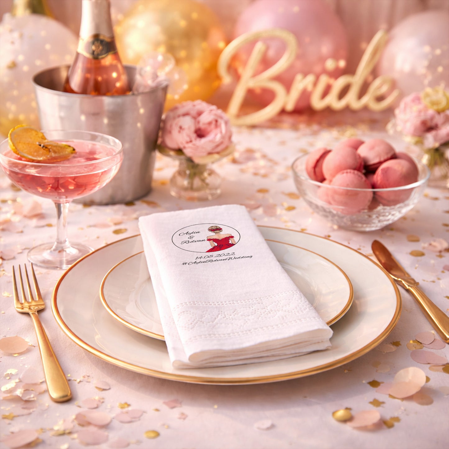 Aylin & Rıdvan Wedding Kırmızı Elbiseli Şık Düğün Peçetesi