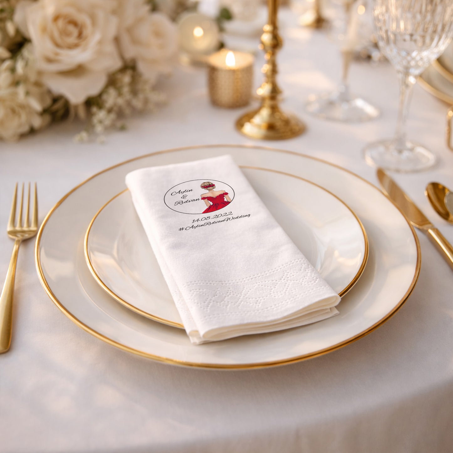 Aylin & Rıdvan Wedding Kırmızı Elbiseli Şık Düğün Peçetesi