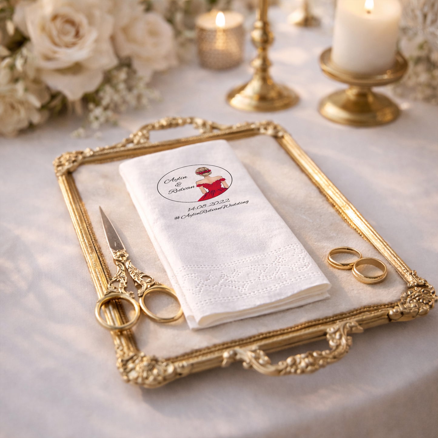 Aylin & Rıdvan Wedding Kırmızı Elbiseli Şık Düğün Peçetesi