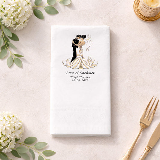 Buse & Mehmet İsimli Gelin Damat Figürlü Baskılı Düğün Peçetesi