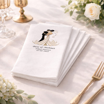 Buse & Mehmet İsimli Gelin Damat Figürlü Baskılı Düğün Peçetesi