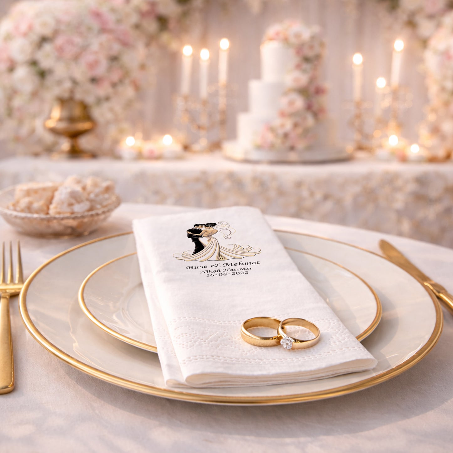 Buse & Mehmet İsimli Gelin Damat Figürlü Baskılı Düğün Peçetesi