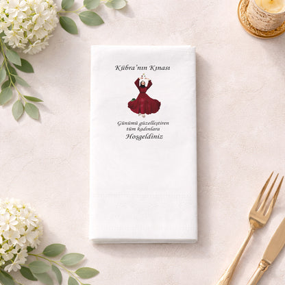 Kübra'nın Kınası Kelebekli Ve Kırmızı Elbiseli Neşeli Kına Peçetesi