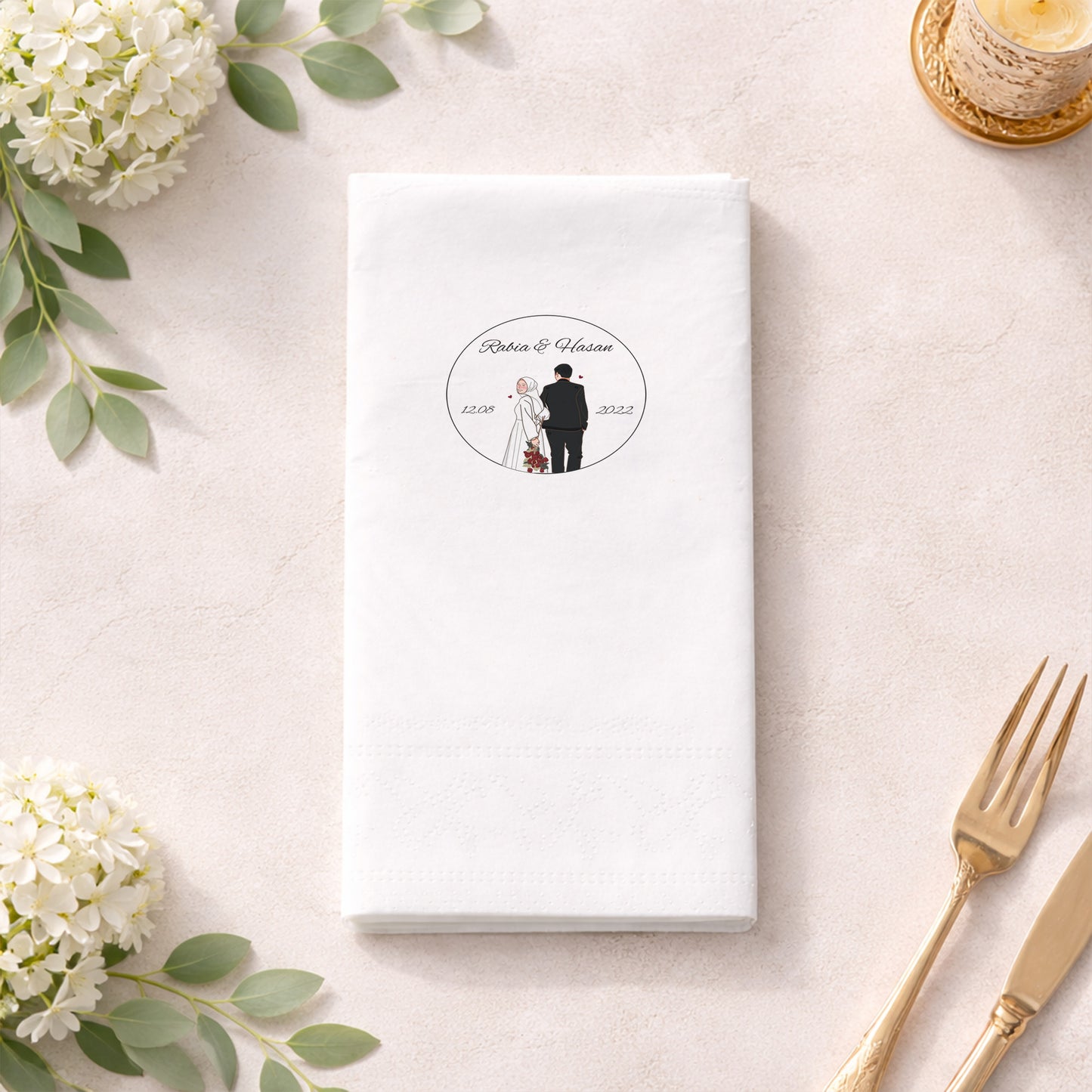Rabia & Hasan İllüstrasyonlu Siyah Baskılı Düğün Peçetesi