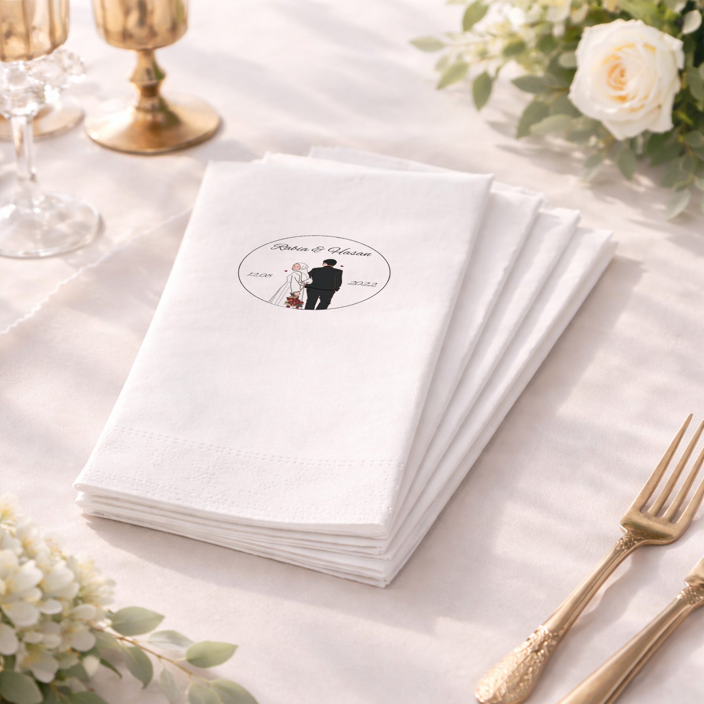 Rabia & Hasan İllüstrasyonlu Siyah Baskılı Düğün Peçetesi