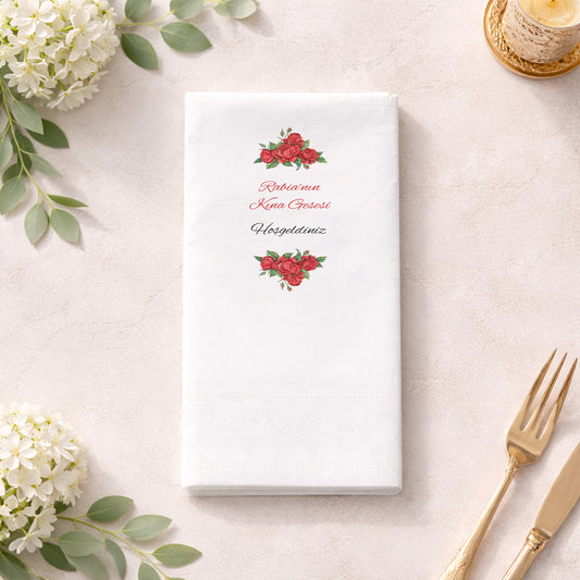 Kırmızı Gül Desenli Rabia'nın Kına Gecesi Baskılı Peçete