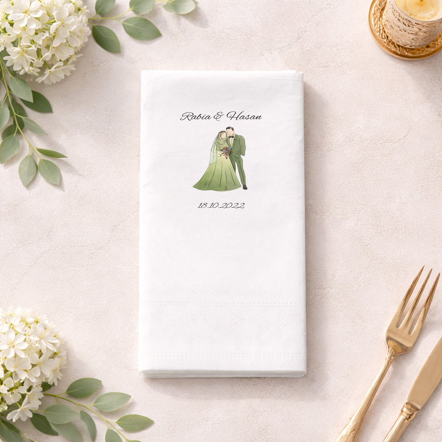 Yeşil Elbiseli Gelin Figürlü Kişiye Özel Düğün Peçetesi