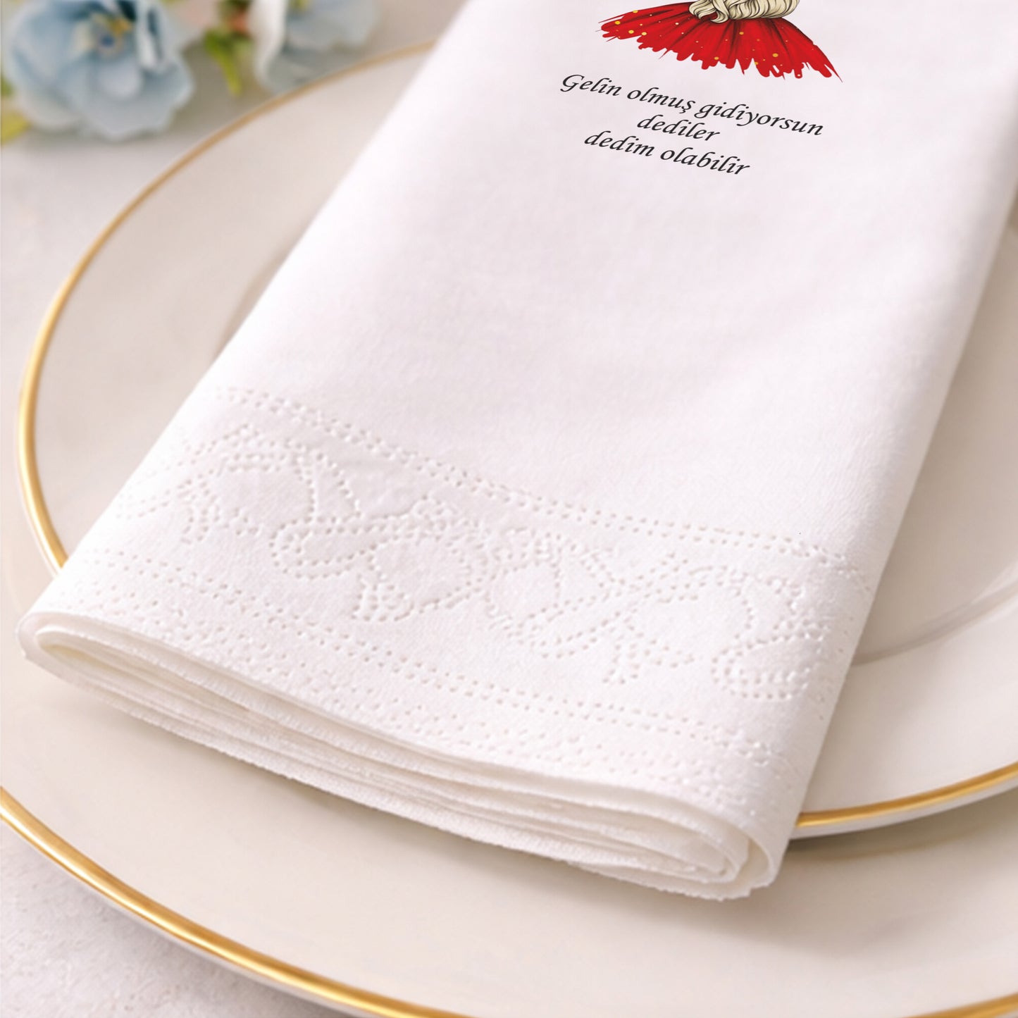 Kırmızı Elbiseli Modern Gelin Figürlü Kına Peçetesi