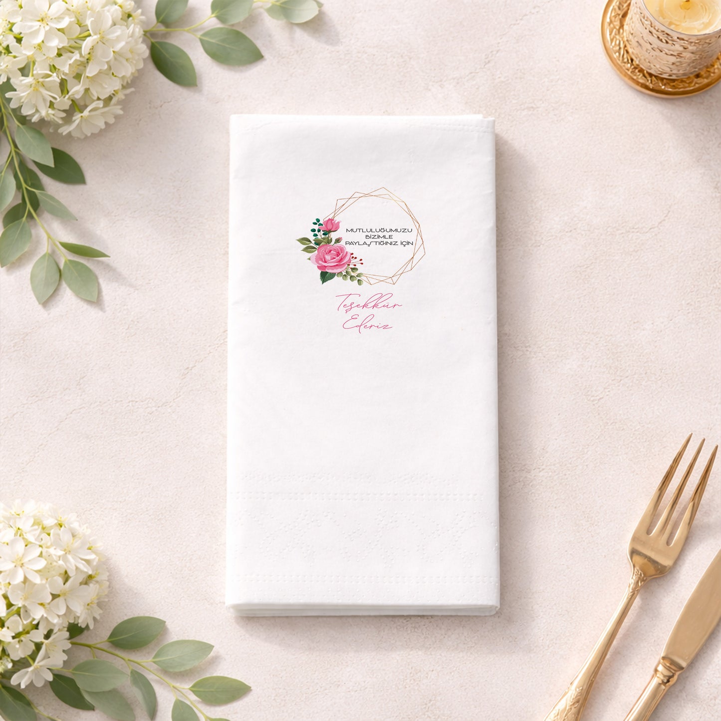 Pembe Gül ve Altın Geometrik Desenli Teşekkür Peçetesi