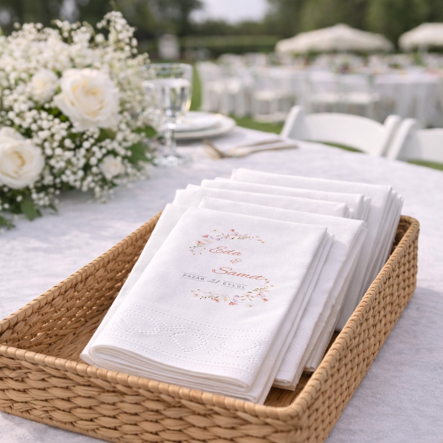 Eda & Samet Çiçek Çerçeveli Siyah Düğün Peçetesi