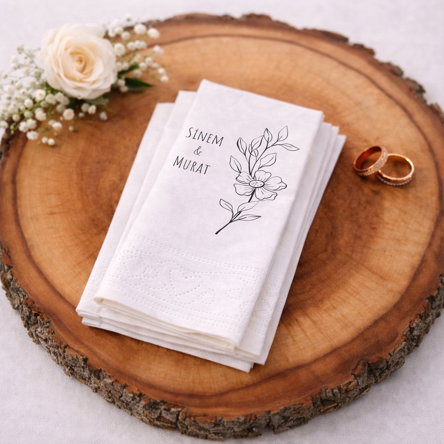 Sinem & Murat Minimalist Çiçekli Baskılı Peçete