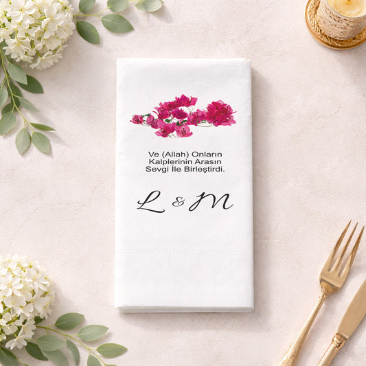 Ayet Yazılı Fuşya Çiçekli Özel Tasarım Baskılı Düğün Peçetesi
