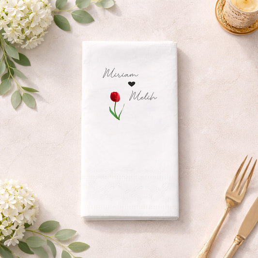 Miriam & Melih Kırmızı Lale Temalı Siyah Baskılı Nişan Peçetesi