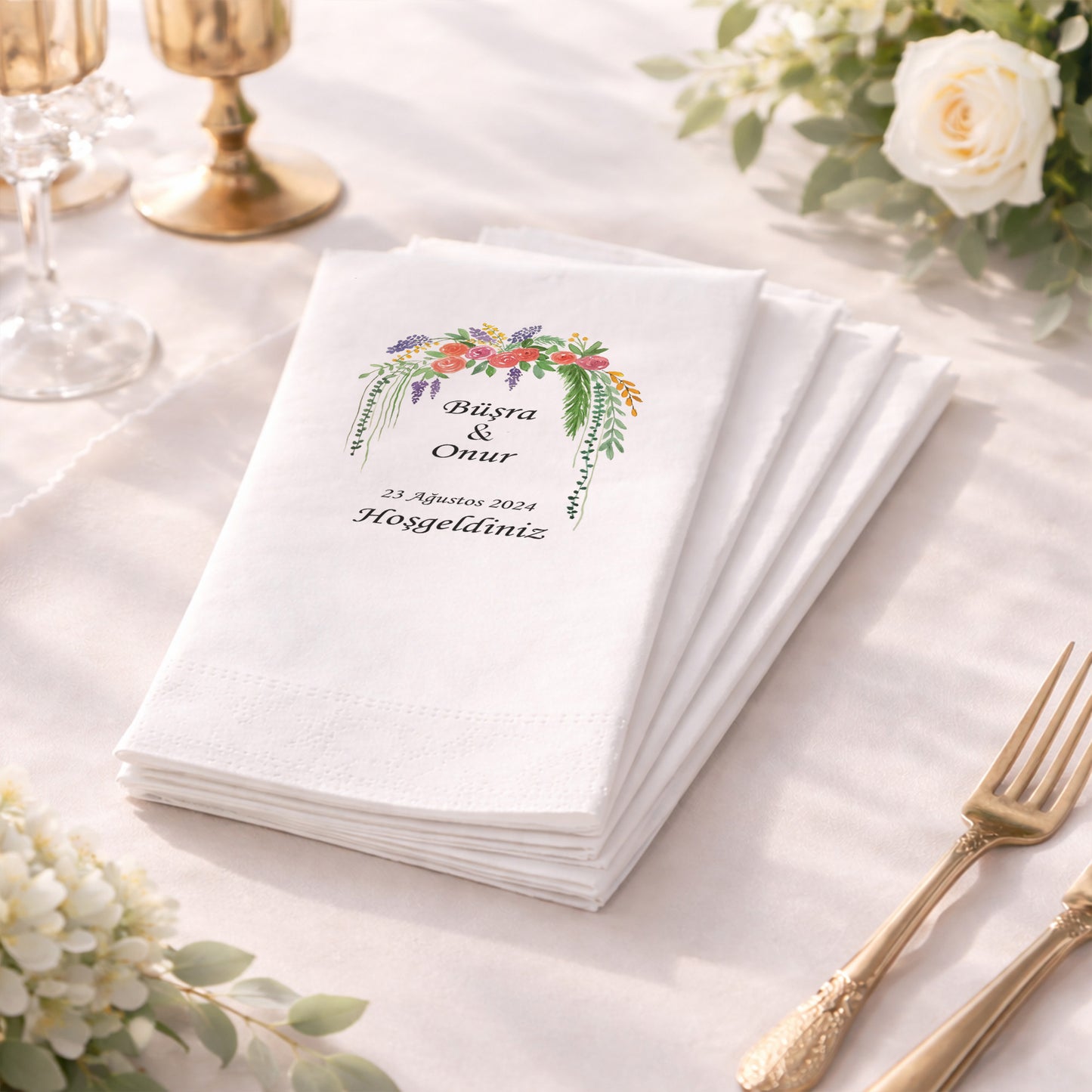 Büşra & Onur Pastel Çiçek Buketi Tasarımlı Baskılı Düğün Peçetesi