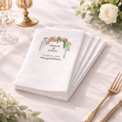 Büşra & Onur Pastel Çiçek Buketi Tasarımlı Baskılı Düğün Peçetesi
