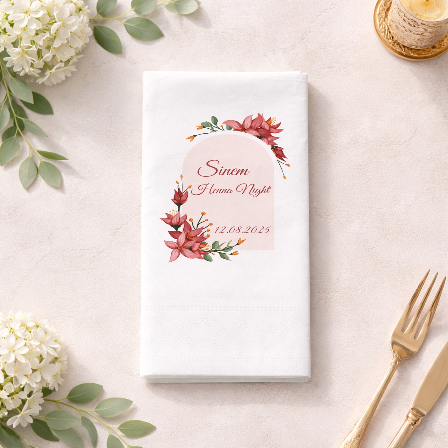 Sinem Henna Night Kırmızı Çiçekli Kına Gecesi Baskılı Peçete
