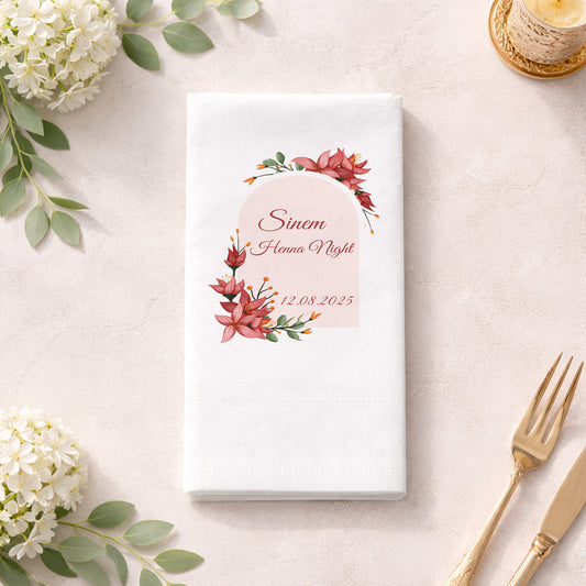 Sinem Henna Night Kırmızı Çiçekli Kına Gecesi Baskılı Peçete