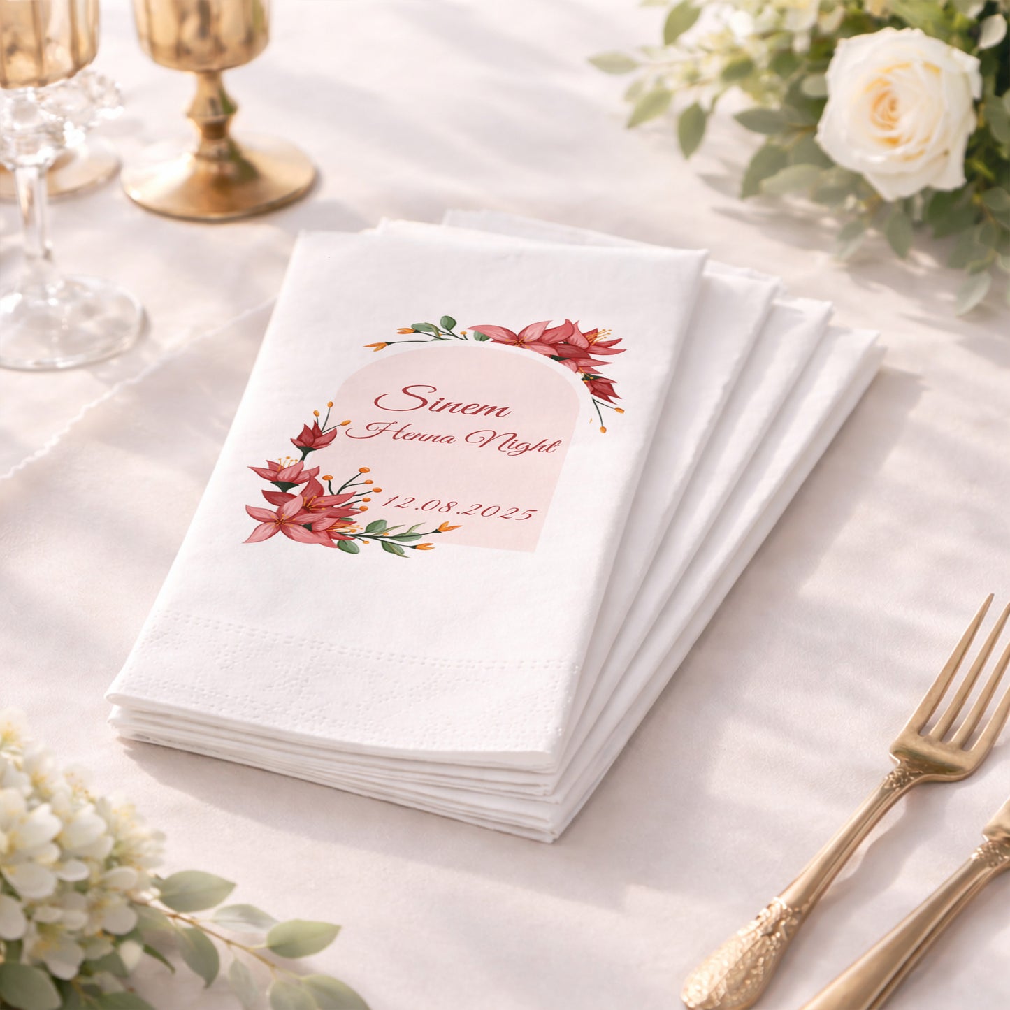 Sinem Henna Night Kırmızı Çiçekli Kına Gecesi Baskılı Peçete