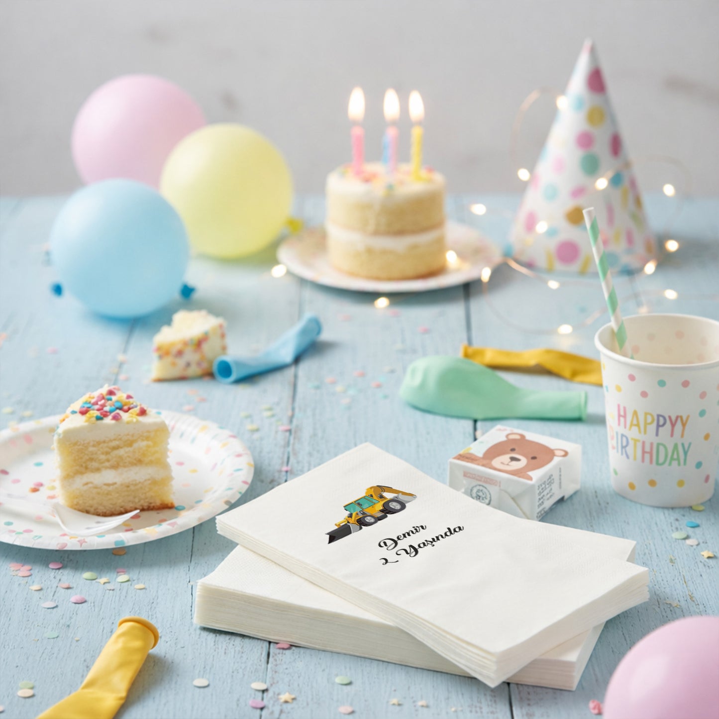 Kepçe Temalı Erkek Çocuk 2 Yaş Doğum Günü Peçetesi