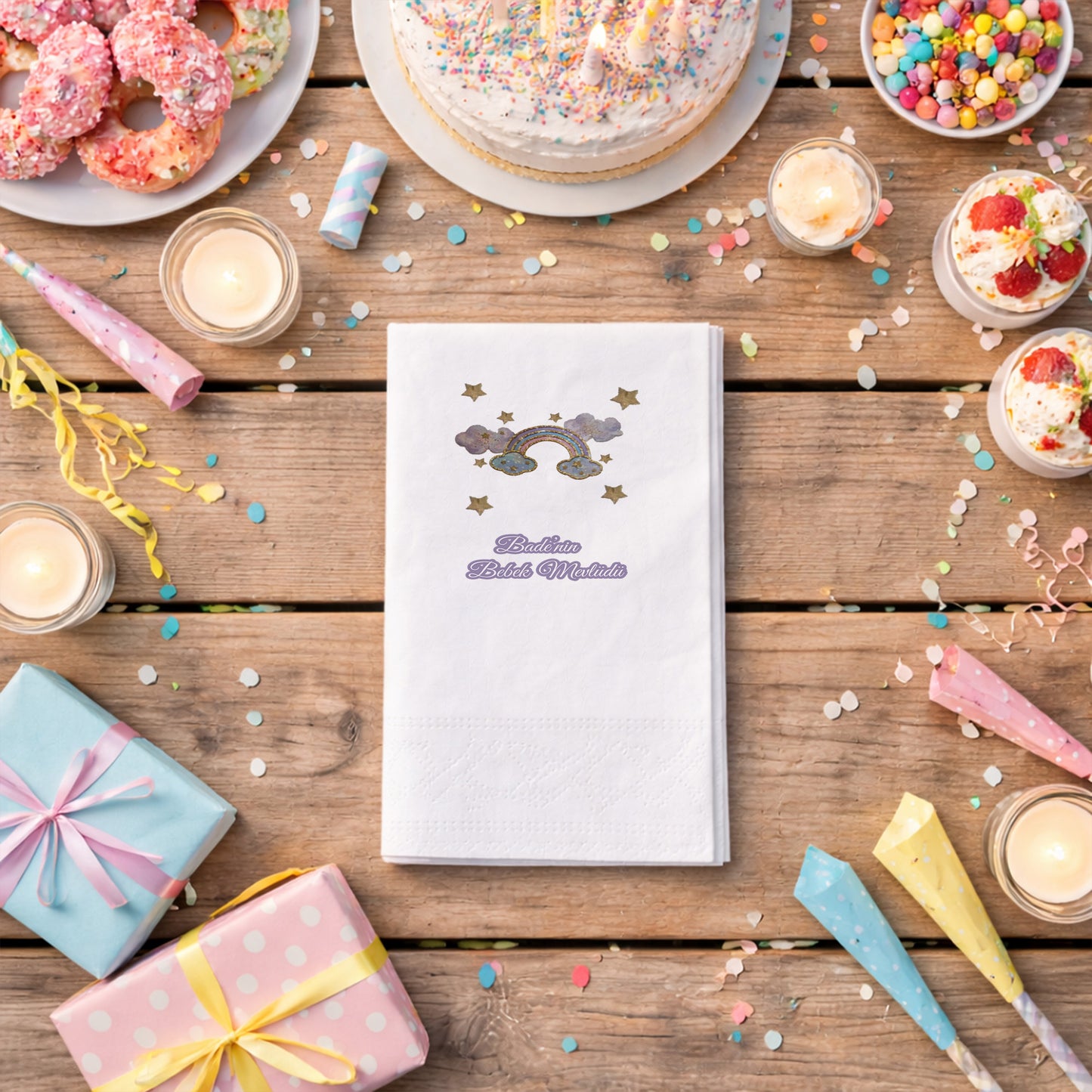 Gökkuşağı Temalı Bebek Mevlidi Kişiye Özel Peçete