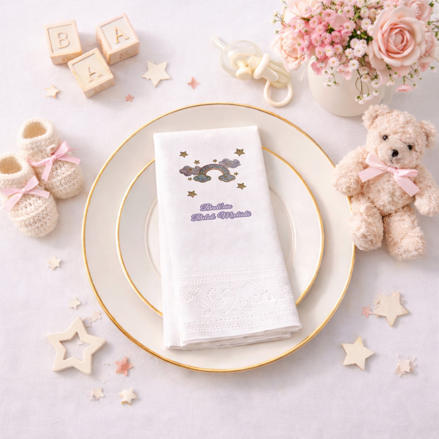 Gökkuşağı Temalı Bebek Mevlidi Kişiye Özel Peçete