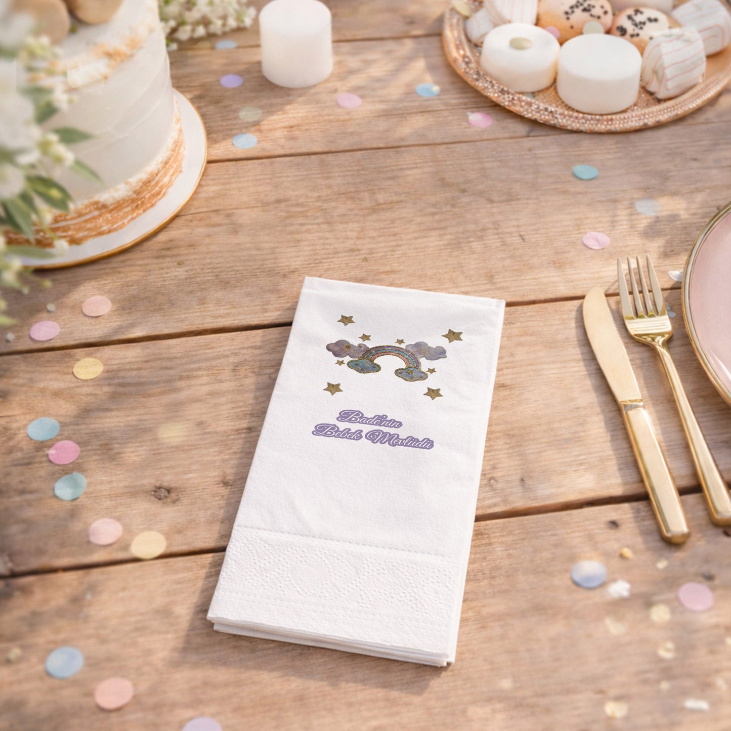 Gökkuşağı Temalı Bebek Mevlidi Kişiye Özel Peçete