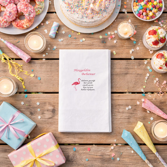 Flamingo Temalı Kişiye Özel Kız Bebek Hoş Geldin Peçetesi