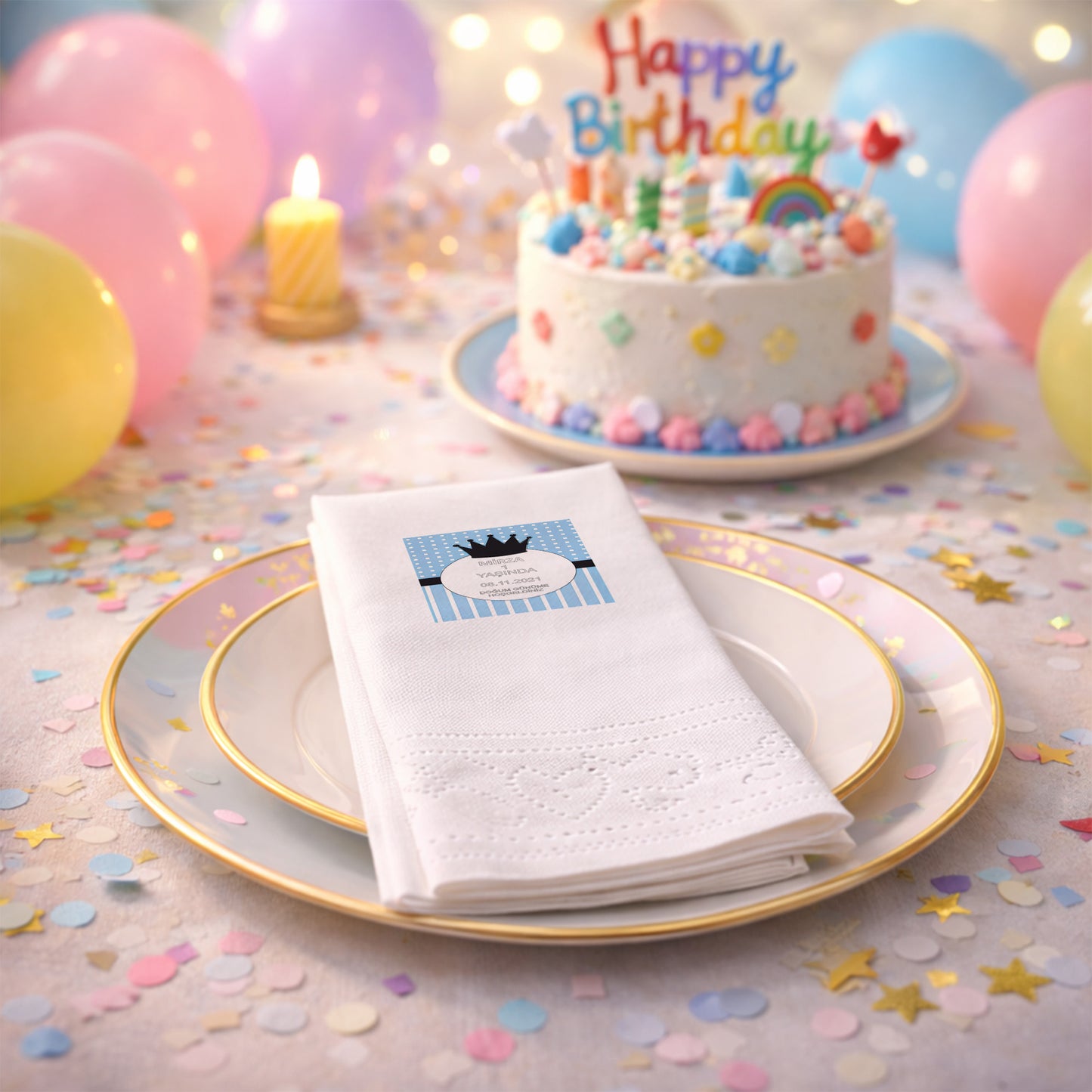 Ay Üzerinde Ayıcık Temalı Kız Bebek Hoş Geldin Peçetesi