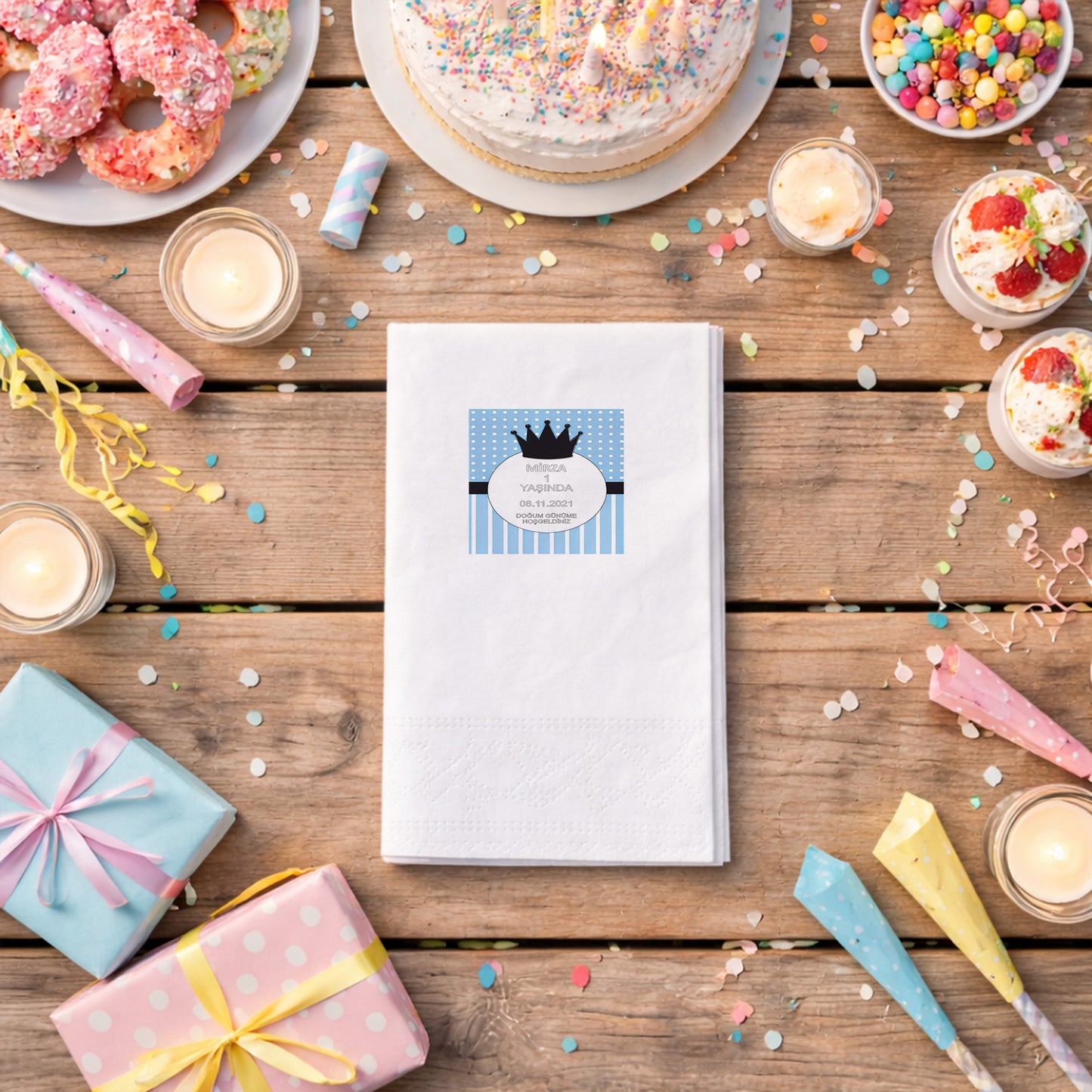 Ay Üzerinde Ayıcık Temalı Kız Bebek Hoş Geldin Peçetesi