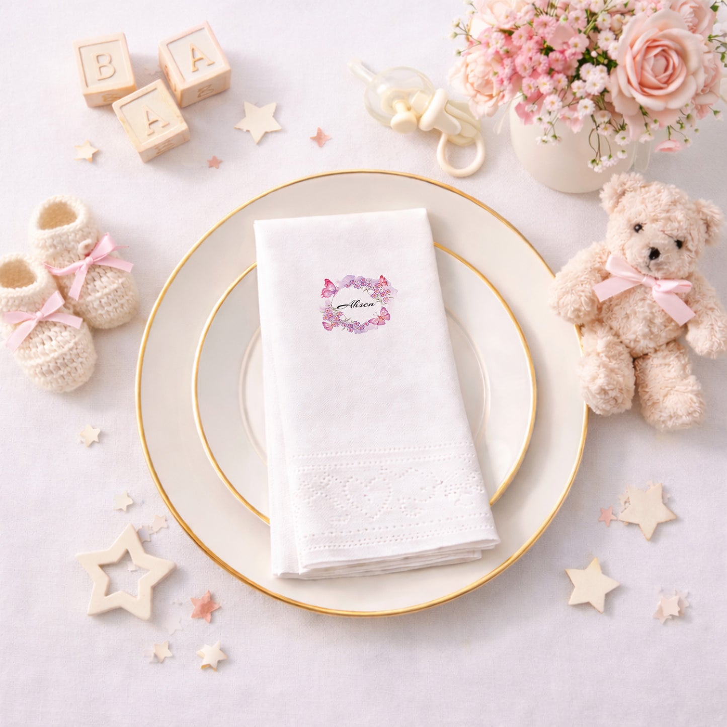 Kelebekli Çiçek Çelenk Temalı Kız Bebek Peçetesi