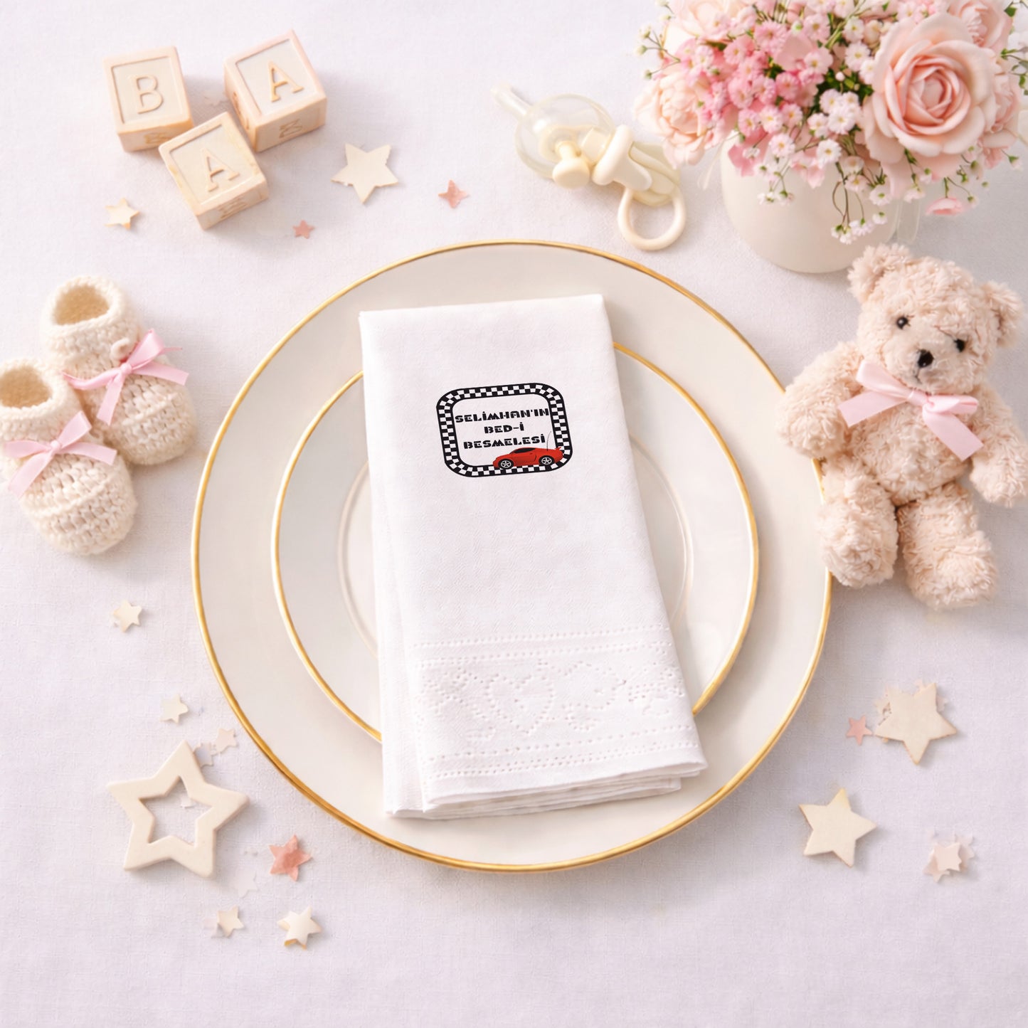 Yarış Arabalı Temalı Erkek Bebek Bed-i Besmele Peçetesi