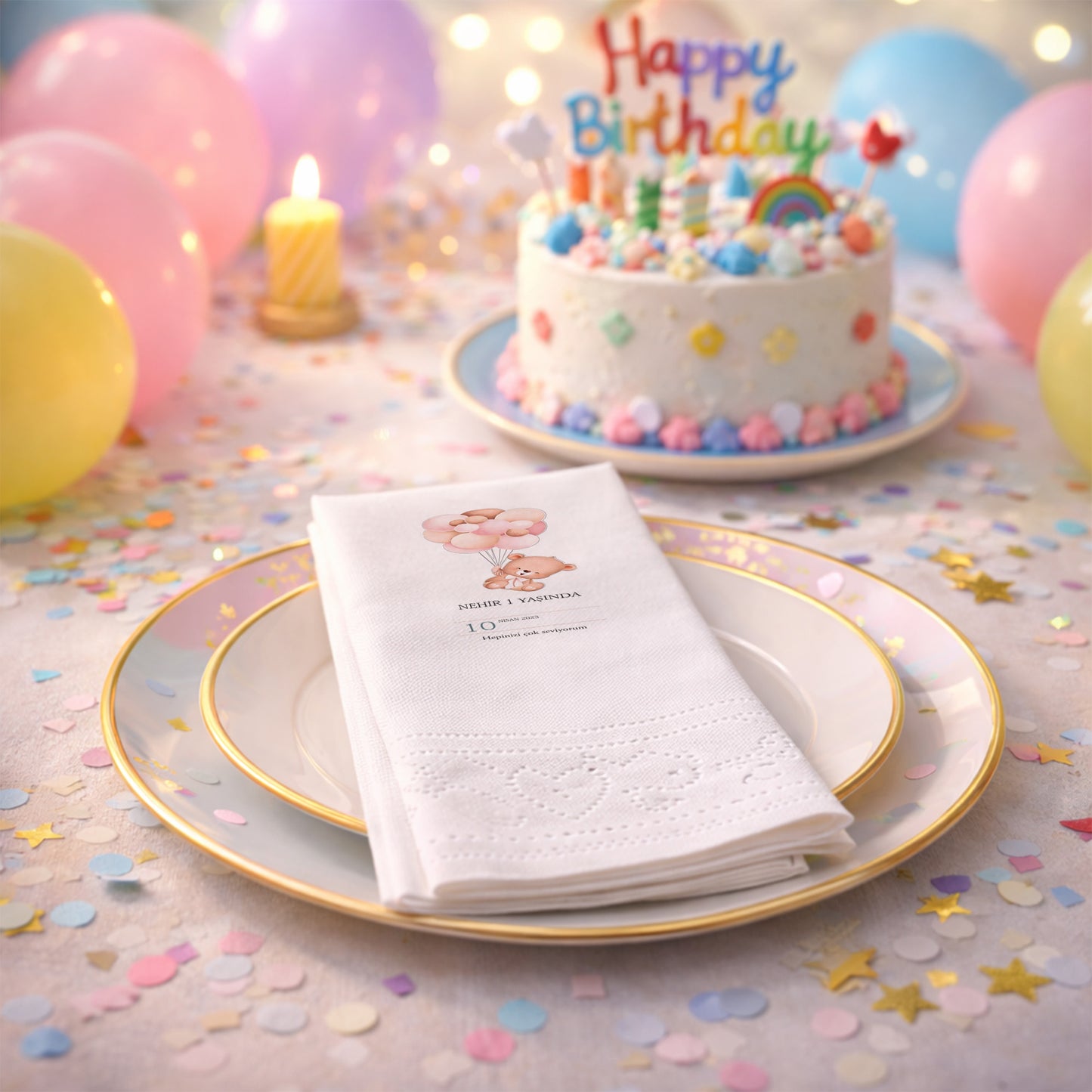 Balonlu Ayıcık Temalı Kız Bebek 1 Yaş Peçetesi