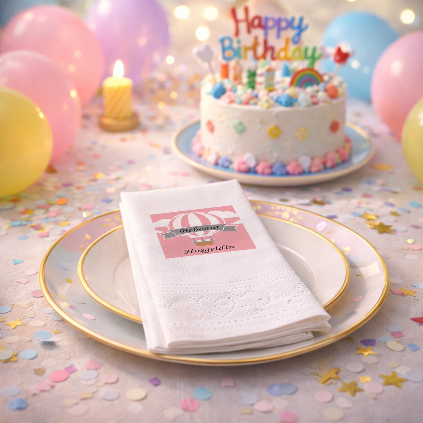 Balonlu Fil Temalı Kişiye Özel Bebek Hoş Geldin Peçetesi