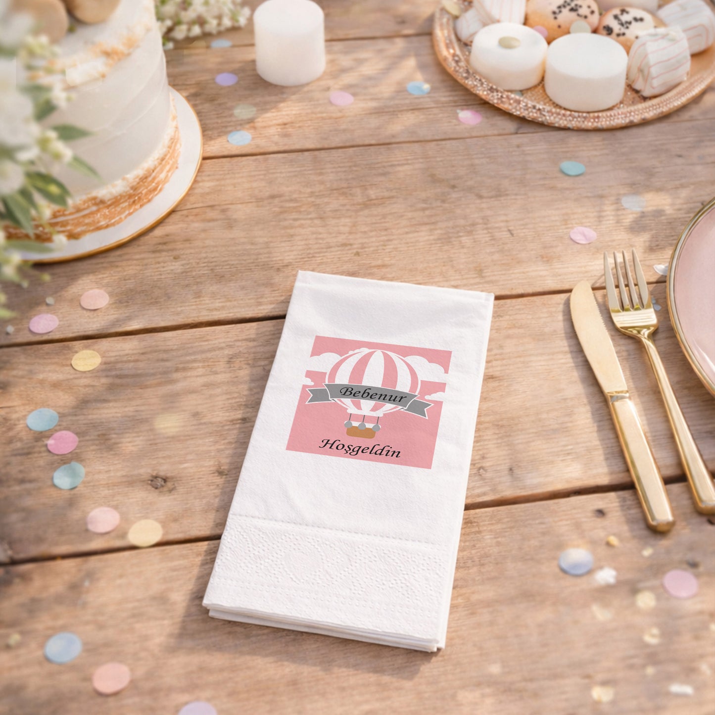 Balonlu Fil Temalı Kişiye Özel Bebek Hoş Geldin Peçetesi