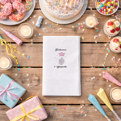 Yıldız Balonlu Fil Temalı Kişiye Özel Kız Bebek 1 Yaş Peçetesi