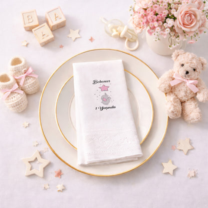 Yıldız Balonlu Fil Temalı Kişiye Özel Kız Bebek 1 Yaş Peçetesi