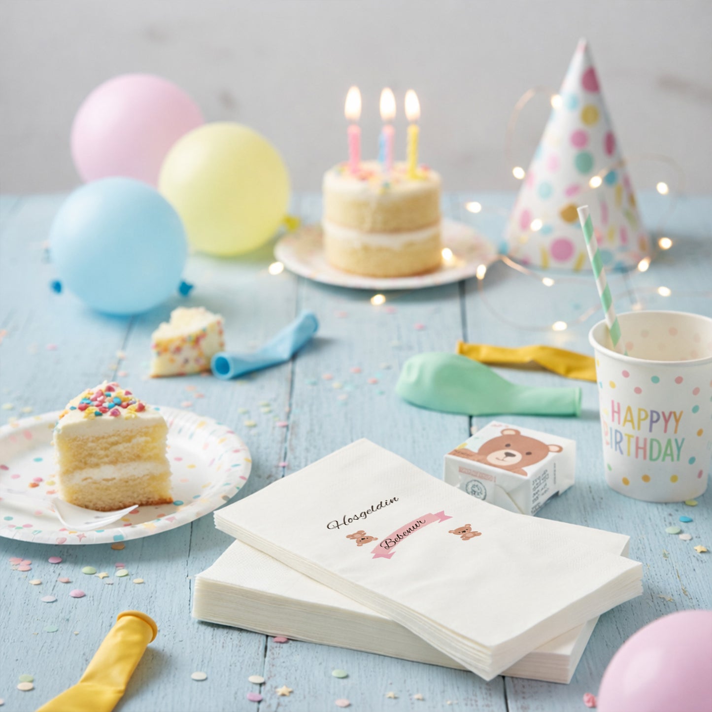 Ayıcık Kurdeleli Kişiye Özel Kız Bebek Hoş Geldin Peçetesi