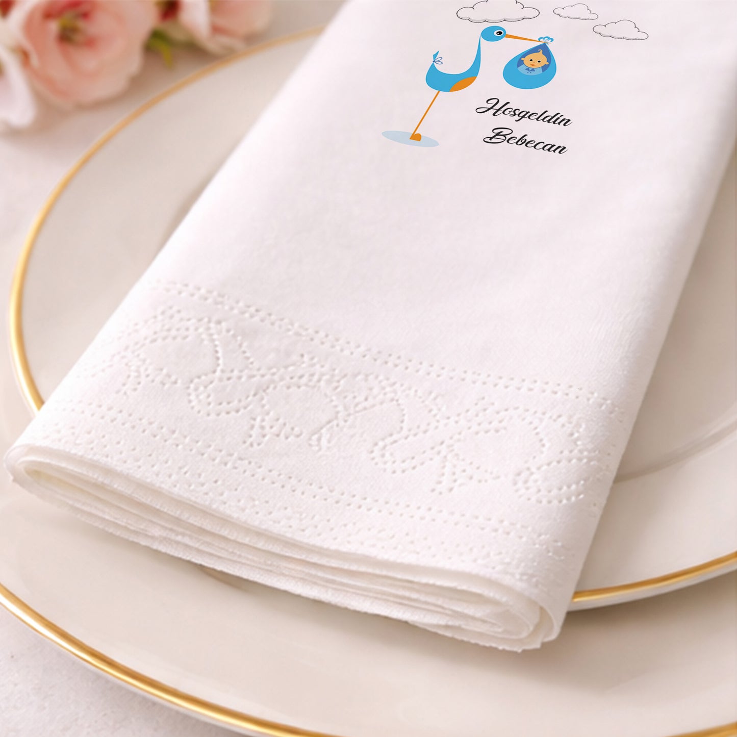 Leylek Temalı Kişiye Özel Erkek Bebek Hoş Geldin Peçetesi