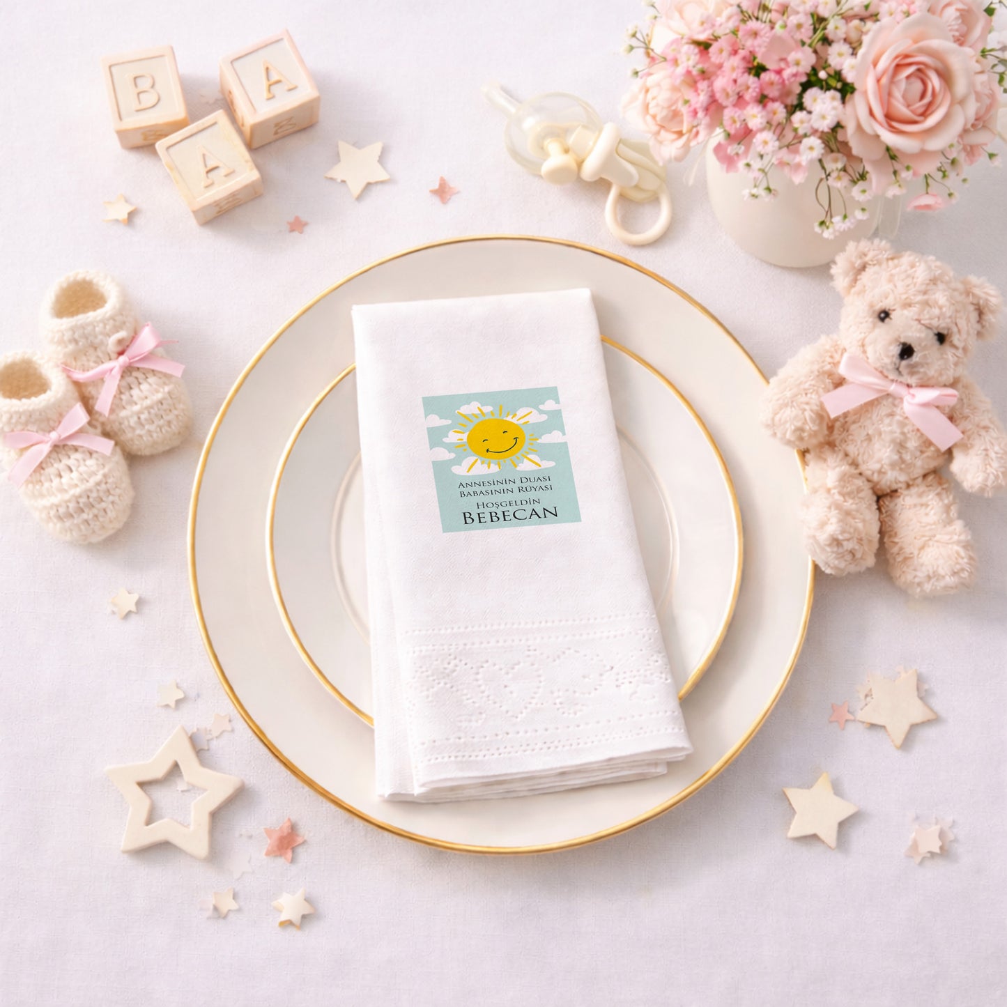 Güneş Temalı Kişiye Özel Bebek Hoş Geldin Peçetesi