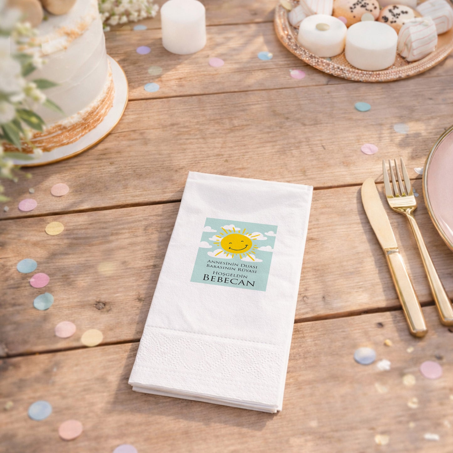 Güneş Temalı Kişiye Özel Bebek Hoş Geldin Peçetesi
